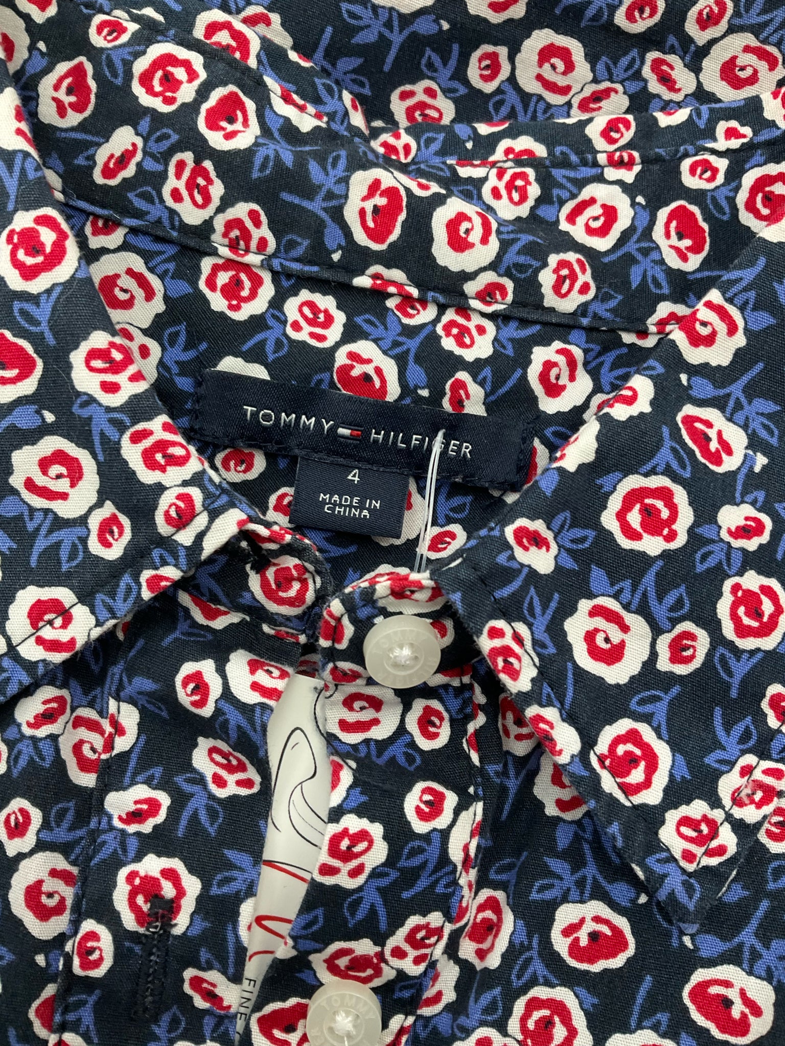 Tommy Hilfiger Navy/red Sleeveless Floral Cotton Shirtdress Navy Red Sleeveless Tie Waist Size 4 - Size 4