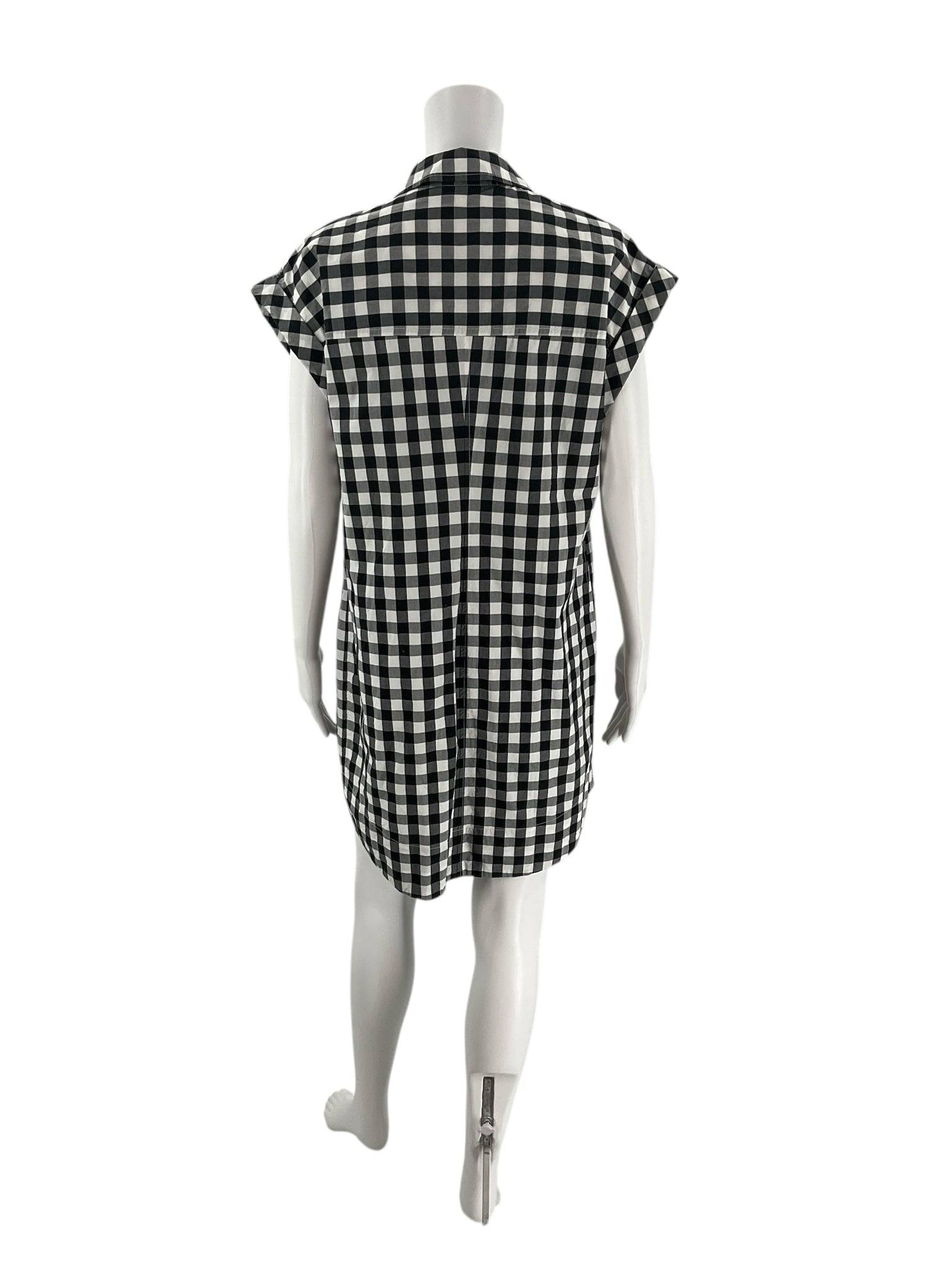 Back view of J Crew Print Mini Dress Size Medium featuring a relaxed fit and black and white checkered design, sold by Margaret’s Fine Consignments.