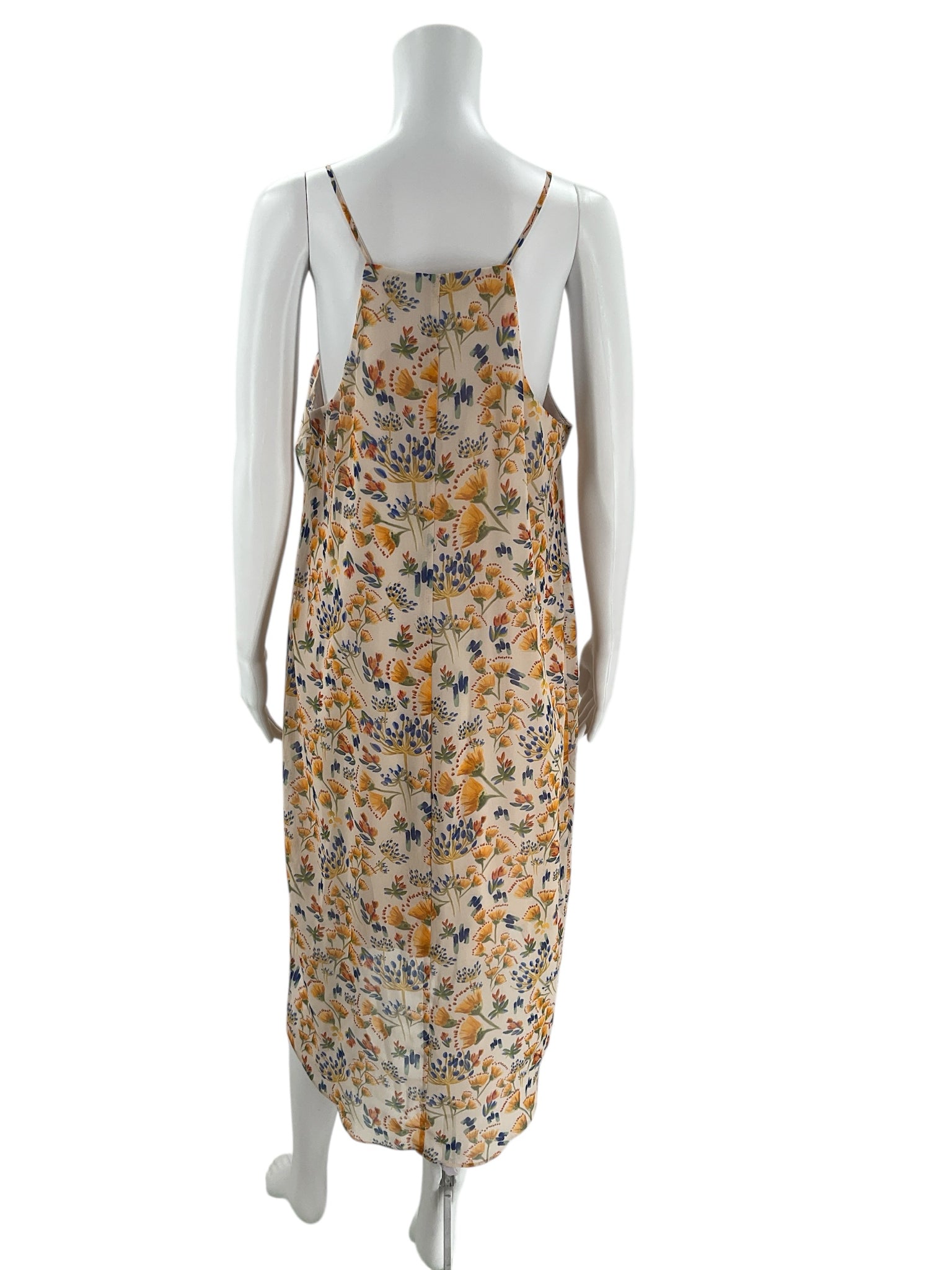 Back view of Gianni Bini Yellow/Blue Floral Dress - Size Large | Lightweight sleeveless dress with adjustable straps and floral pattern.