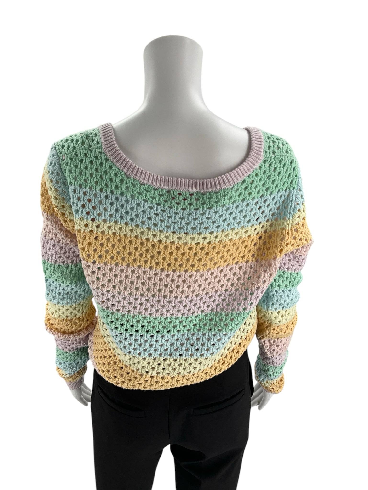 Back view of Pink Lily size small pastel rainbow knit sweater with square neckline, casual and cozy for everyday wear.
