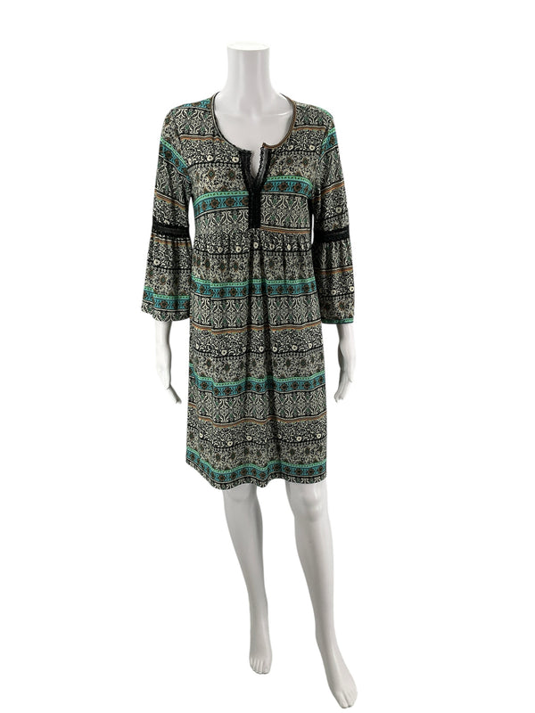 Espresso Tan/Black/Teal Floral Pre-Owned Ladies Dress - Size Small