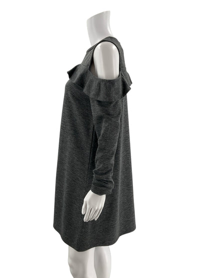 Gray heathered cold shoulder A-line dress with ruffles and keyhole back, size small, by LOFT. Casual and modern style.