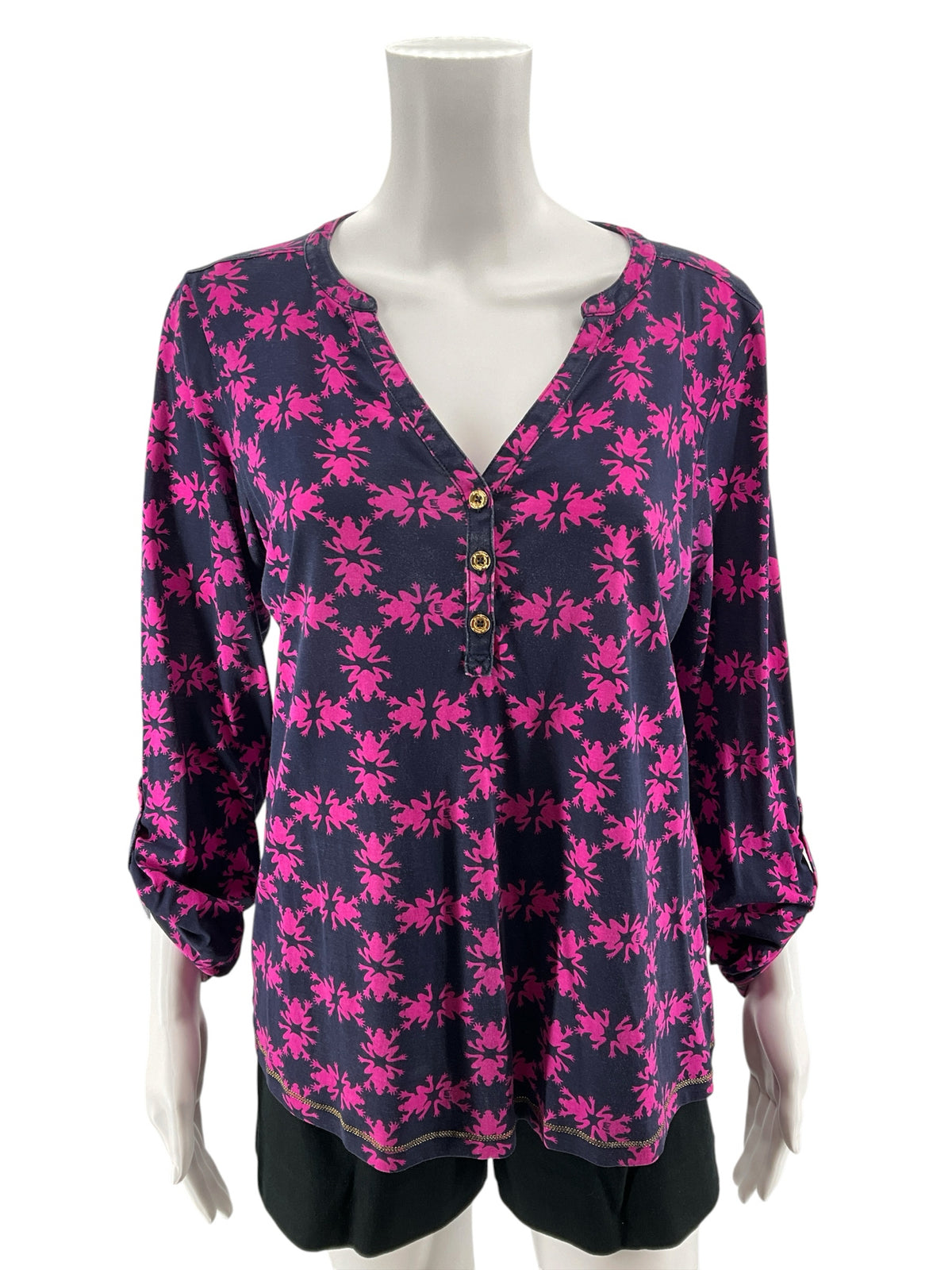 Lilly Pulitzer Skipper Popover Henley Top Downstairs Print Navy Pink Size L - Downstairs