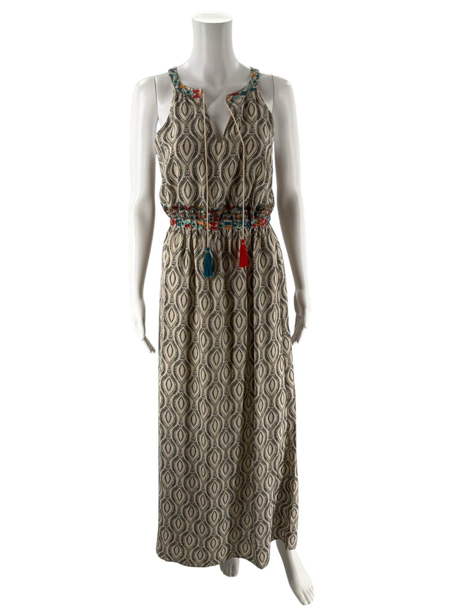 THML tan and black print bohemian maxi dress, sleeveless, size small, displayed on a neutral background.