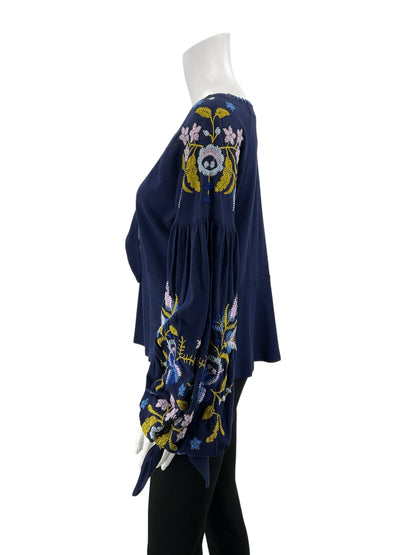 Free People navy/blue/brown Peplum Tell Tale Navy Embroidered Boho Tunic Top Size Medium - Size M
