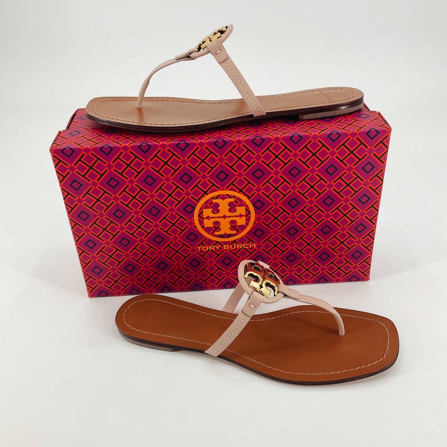 Tory Burch Miller Leather Sandals Blush Pink Gold Logo Size 9.5