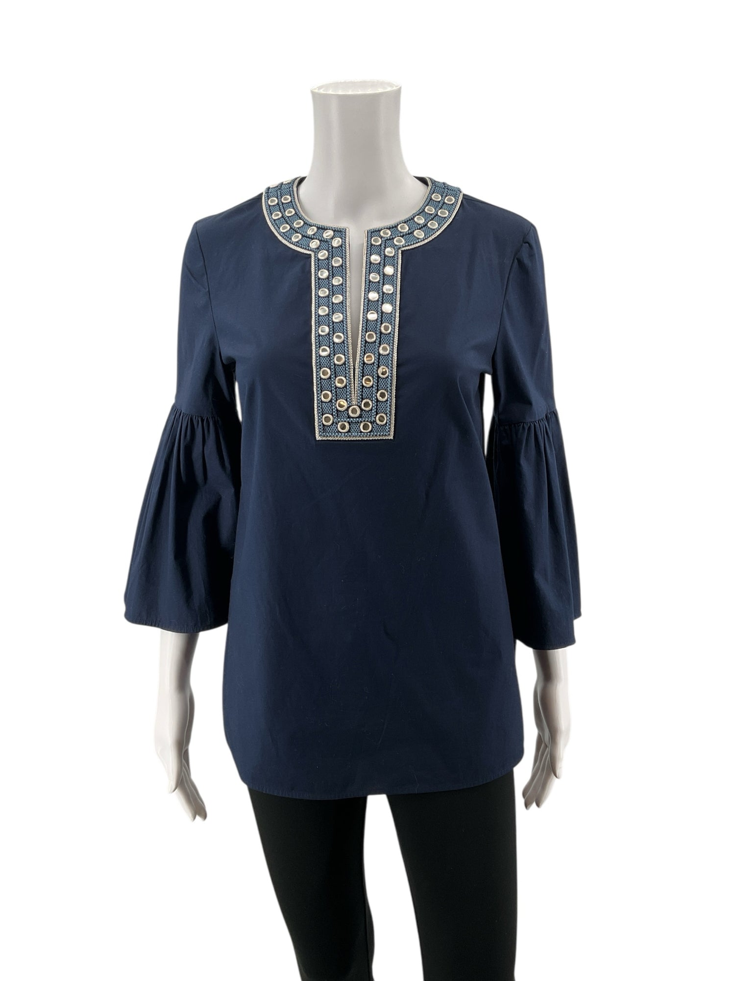 Tory Burch Navy 3/4 Sleeve Harper Tunic Navy Blue Mirror Embroidered Bell Sleeve Top Size 2 - Size 2