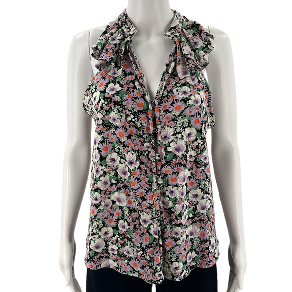 Anthropologie Purple/Multi Dress - Size Large | Women’s Pre-Owned sleeveless floral top with ruffled neckline and vibrant boho pattern.