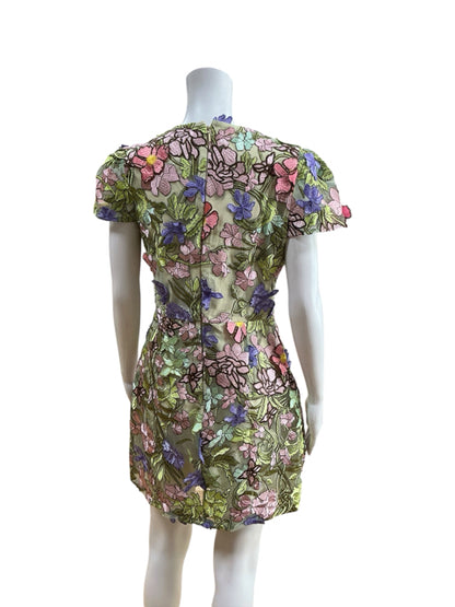 Just Me Embroidered Floral Tulle Mini Dress Green Pink Purple Size Medium