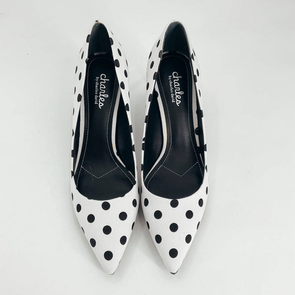 Top view of Charles David Black/White Polka Dot Pre-Owned Heel Size 9.5 showing pointed toe design and branded insole, gently used condition.