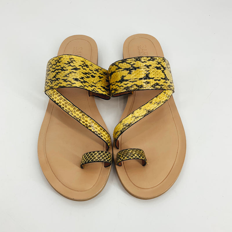 Top view of Franco Sarto Yellow/Black Snake Pre-Owned Ladies Sandals - Size 9 featuring thong toe loop and bold python print leather straps.