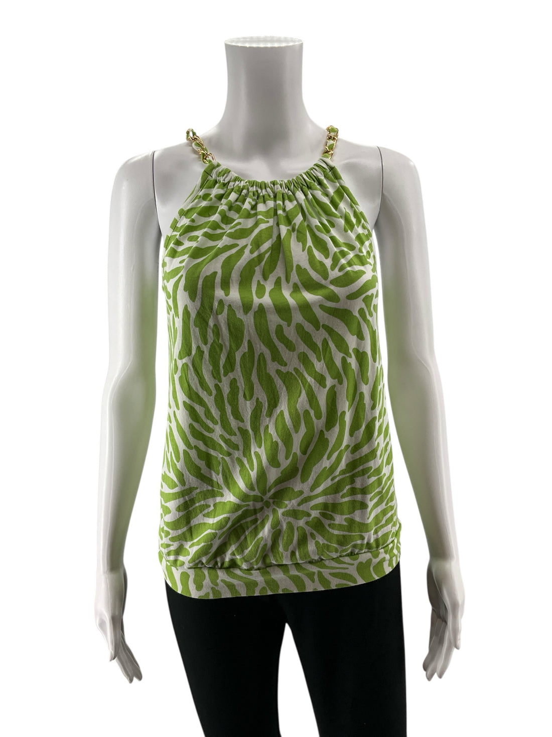 Michael Kors Green &amp; White Animal Stripe Print Chain Halter Top XS/S