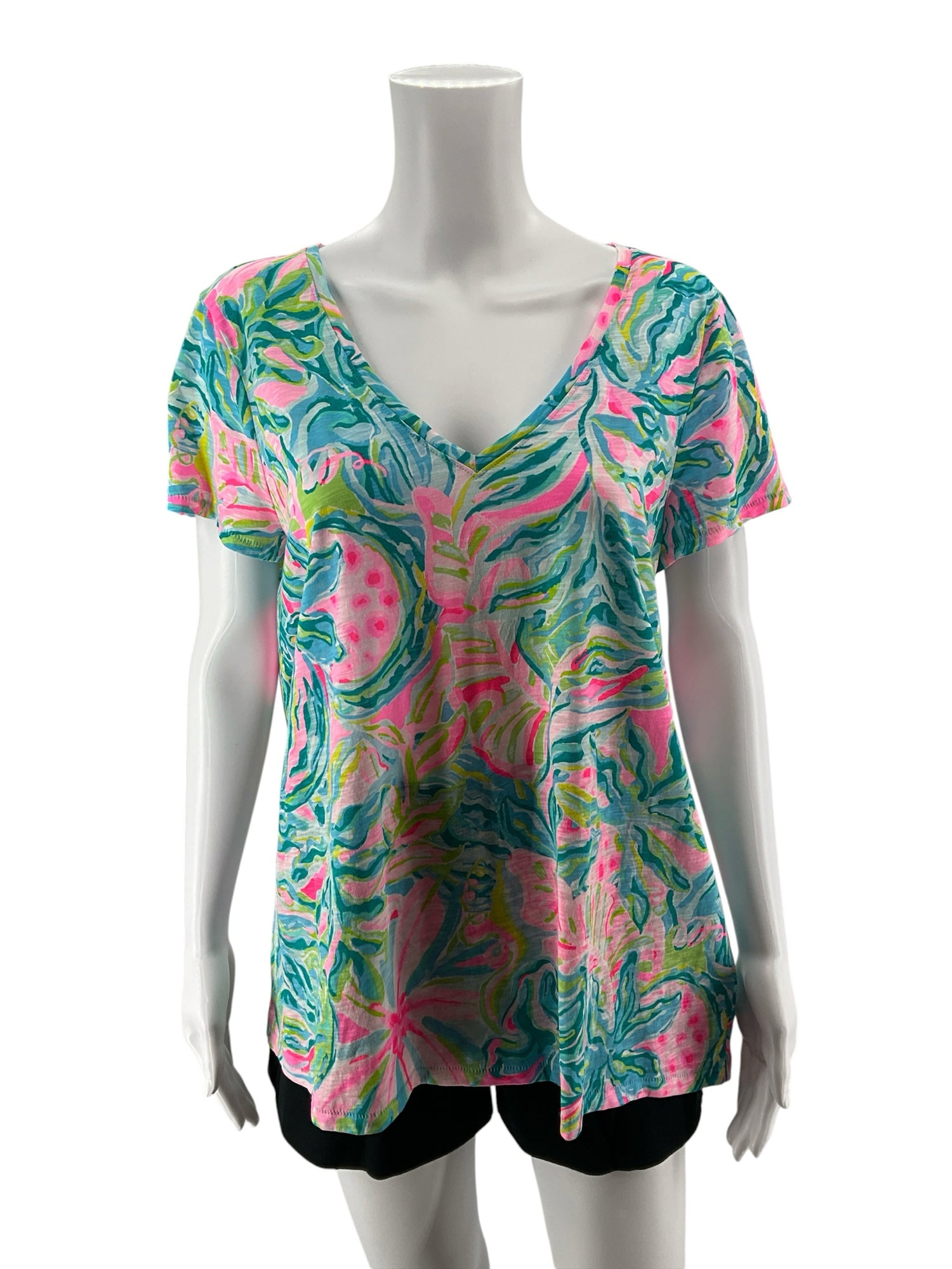 Lilly Pulitzer Michele V-Neck Top Chin Chin Floral Print Pink Turquoise Size Large