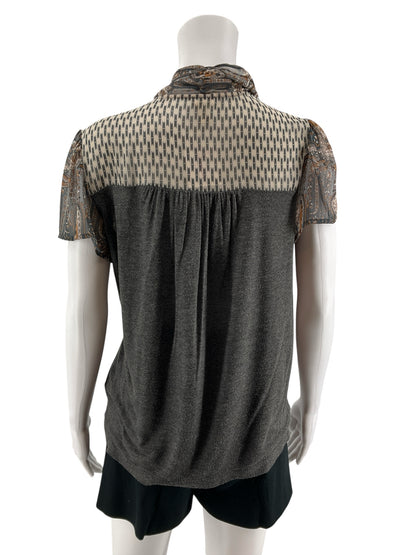 Tiny Anthropologie Mixed Media Tie Neck Flutter Sleeve Blouse Top XS