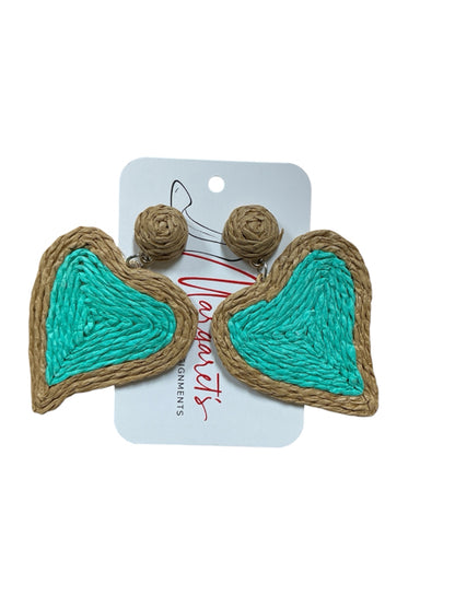 Turquoise &amp; Natural Raffia Heart Statement Earrings