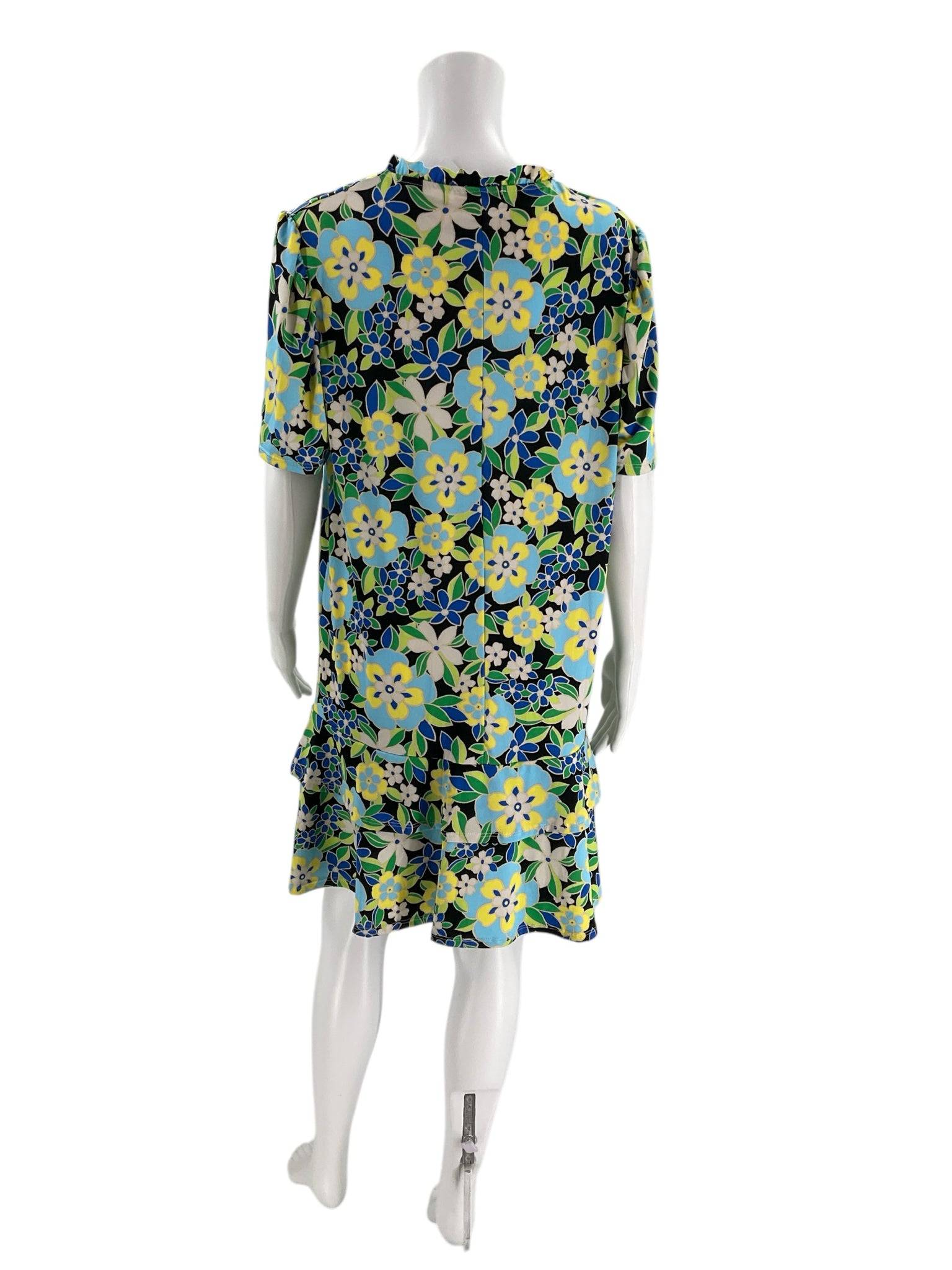 Back view of Carole Christian Dress Size Large, black and multi floral mini dress with ruffle detail, Margaret’s Fine Consignments.