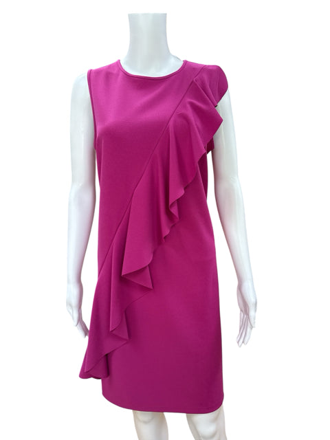 Spence Fuchsia Pink Asymmetrical Ruffle Sheath Cocktail Dress Size 8 displayed on a mannequin, showcasing the elegant front ruffle design.