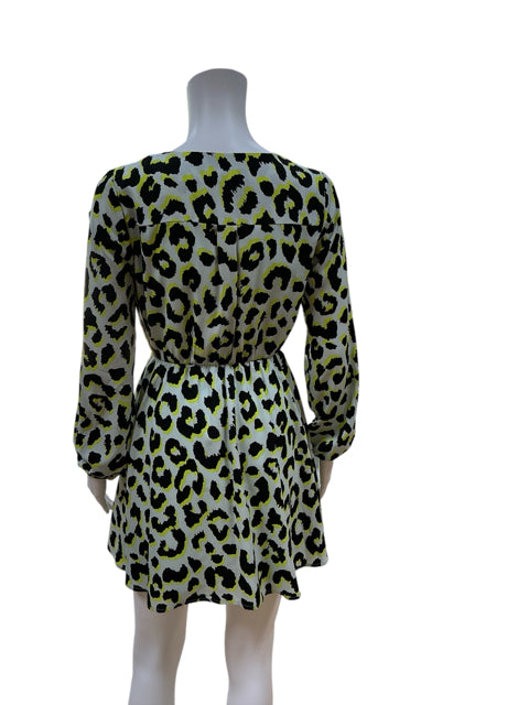 Back view of GB Aqua/Yellow/Black Animal Pre-Owned Ladies Dress - Size XS showing elastic waist and long sleeves in vibrant animal print.