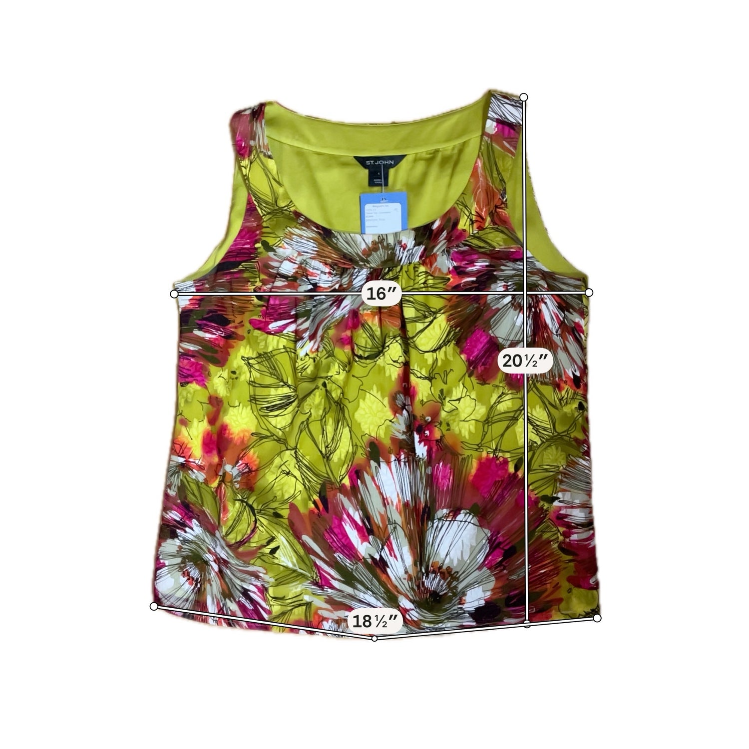 St. John Floral Print Pleated Silk Shell Top Green Pink Size S- ONLINE ONLY