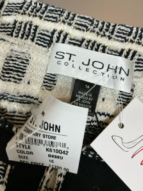 St. John Collection black/white Jacket Windowpane Plaid Boucle Knit Jacket Size 16 NWT - Size 16