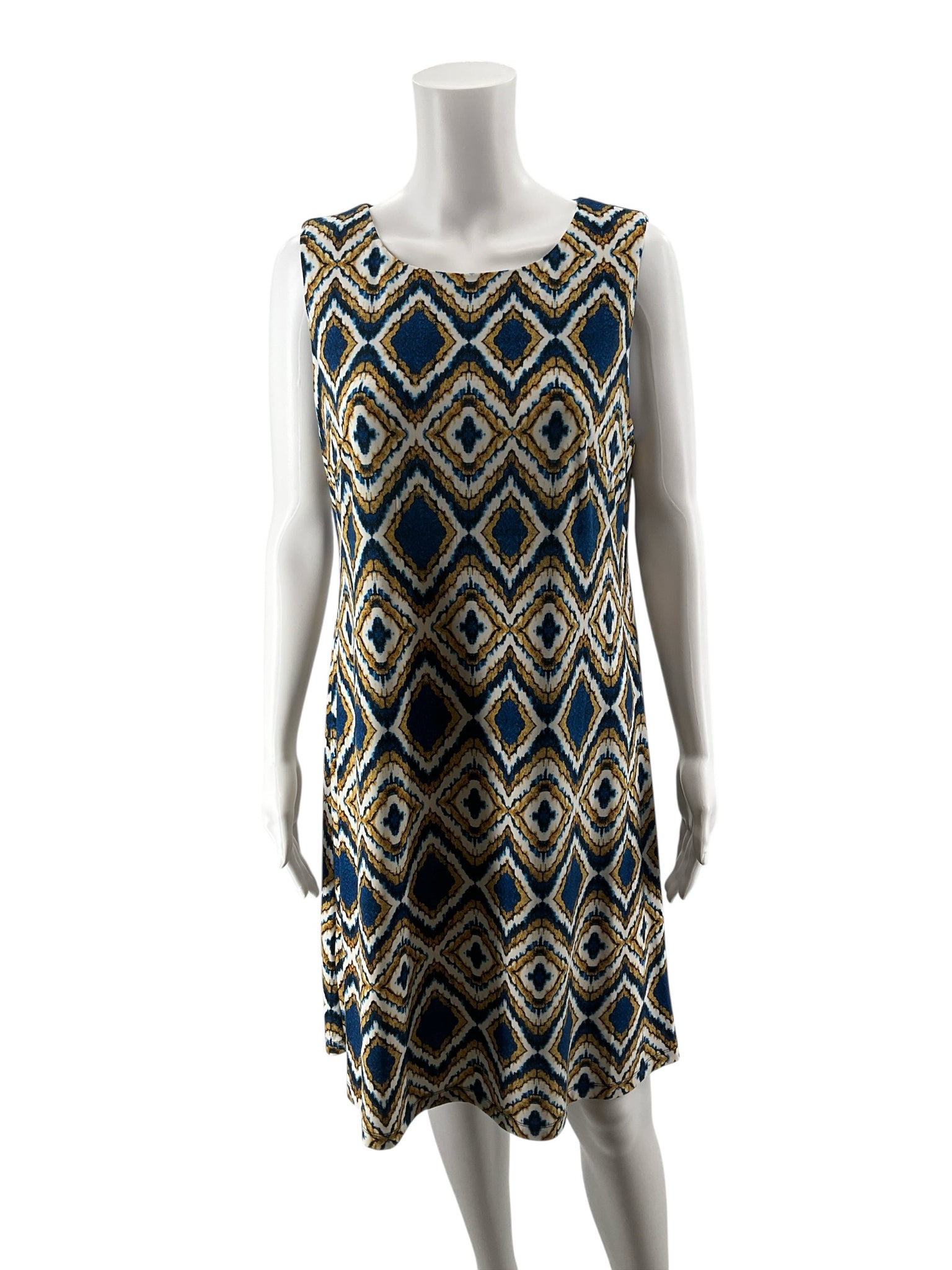 Tommy Hilfiger Blue &amp; Gold Geometric Diamond Print Sleeveless Shift Dress | Size 12