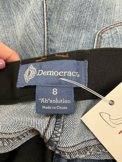 Democracy blue denim high rise shorts for women, pre-owned, size 8, featuring classic cut-off style and frayed edges.