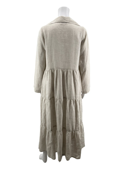 LJC Designs Beige Linen Tiered Long Sleeve Midi Dress Size Small