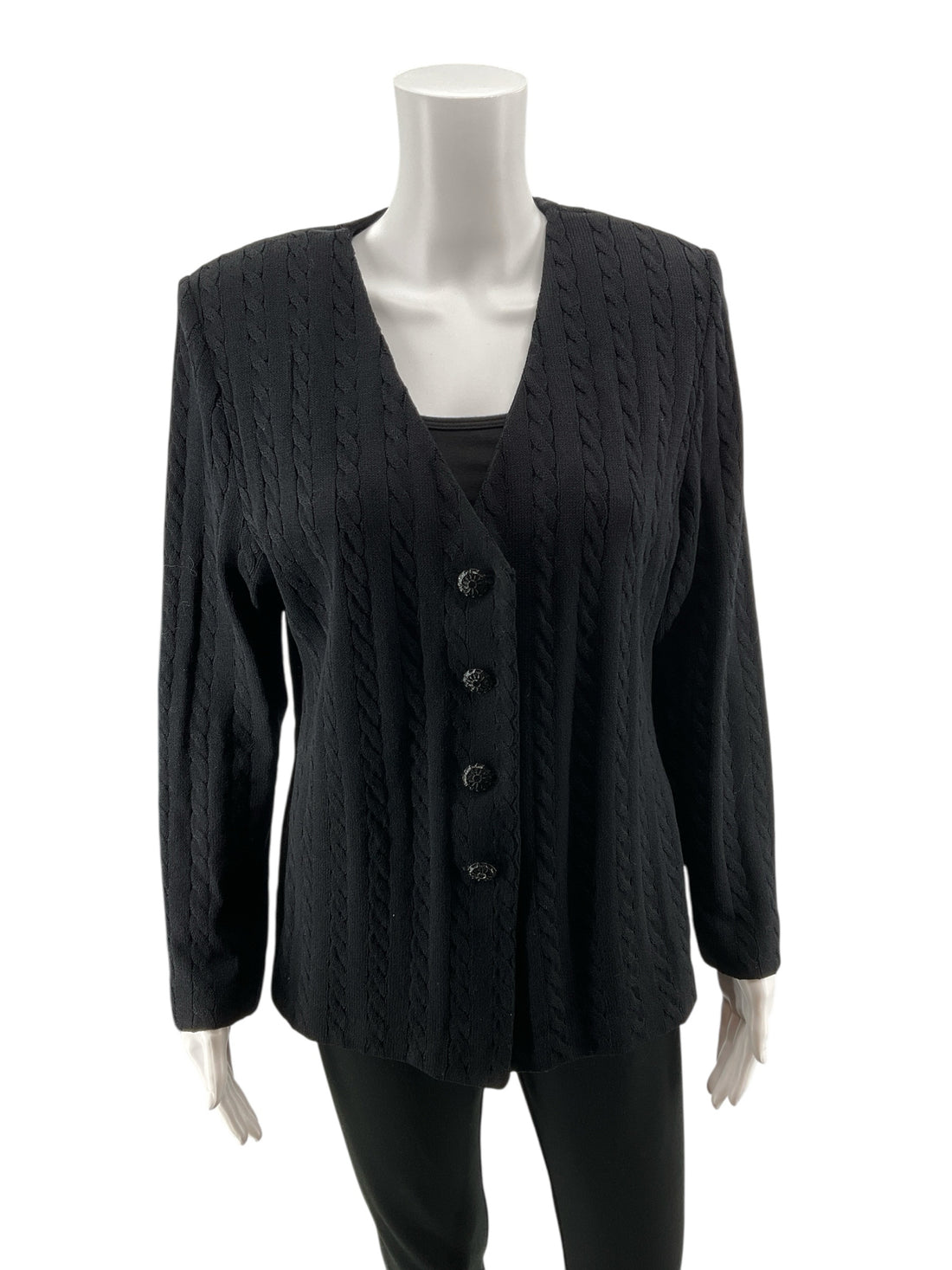 St. John Collection by Marie Gray Black Cable Knit Button Front Cardigan Size 8