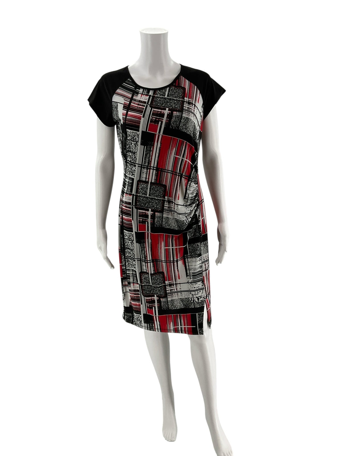 Front view of Dusak Designs black/white/red geometric print shift dress on mannequin, size large, new with tags, made in Canada.