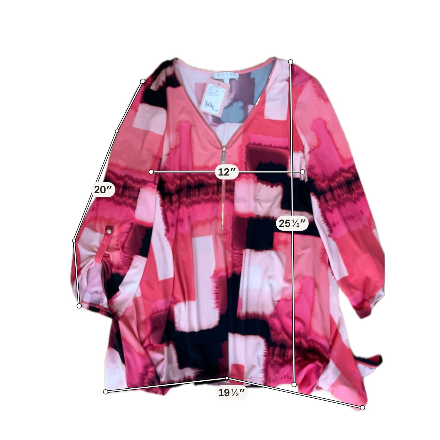 Chaus New York Abstract Print Zipper V-Neck Tunic Top Size XL