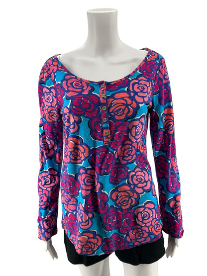 Lilly Pulitzer Sea View Henley Top In The Vias Floral Print Size Medium