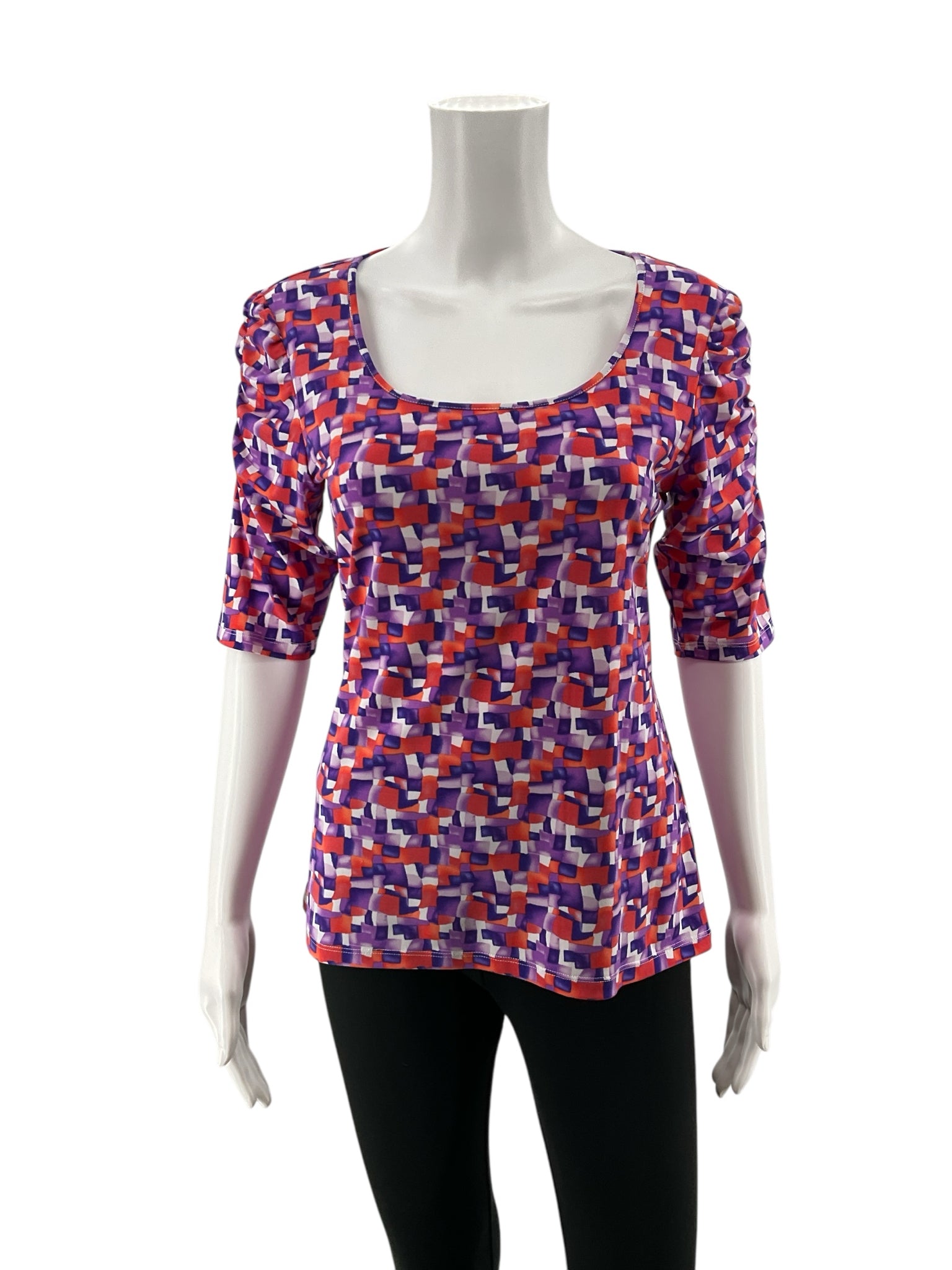 Doncaster purple/red/white Short Sleeve Geometric Print Ruched Sleeve Top Size Small Red Purple White Stretch Jersey - Size S