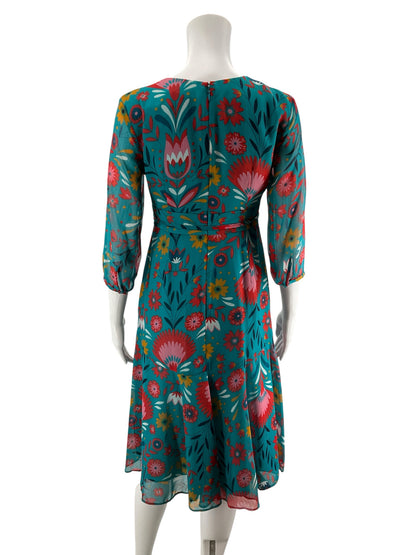 Boden Amelie Dress Size 6P Teal Pop Pansy Floral V-Neck A-Line Tie Waist