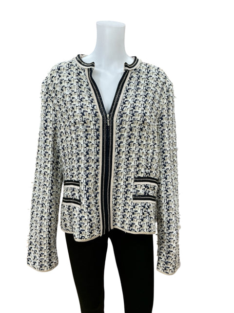 St. John Couture Tan/Navy Jacket Mosaic Knit Jacket Tan Navy Braided Trim NWT Size 18 - Size 18