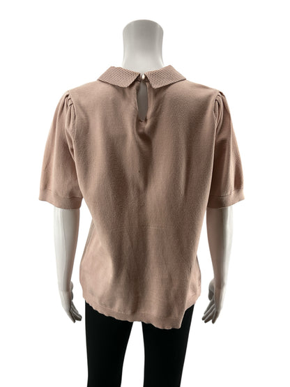 Adrianna Papell Pink Short Sleeve Pink Polka Dot Peter Pan Collar Puff Knit Top Size Medium - Size M