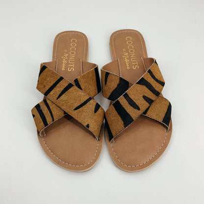 Pre-owned Coconuts by Matisse Tiki sandals featuring tiger stripe pattern, slip-on style, and casual flat sole. Women&