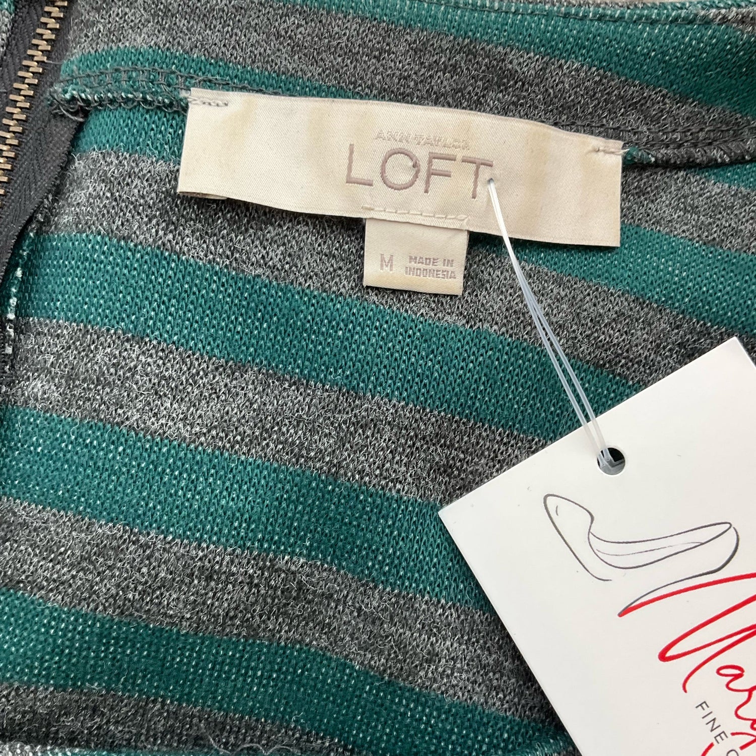 Loft green and gray striped pre-owned ladies dress in size medium, showcasing a stylish and casual design.