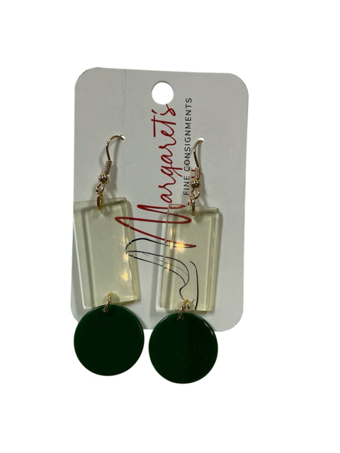Geometric Color Block Dangle Earrings Green &amp; Clear Lucite Gold Tone