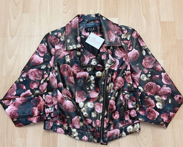 Elle Jacket Size 4 in black and mauve floral print with zip front and notched collar, available at Margaret’s Fine Consignments. Feminine pre-owned outerwear for stylish layering.