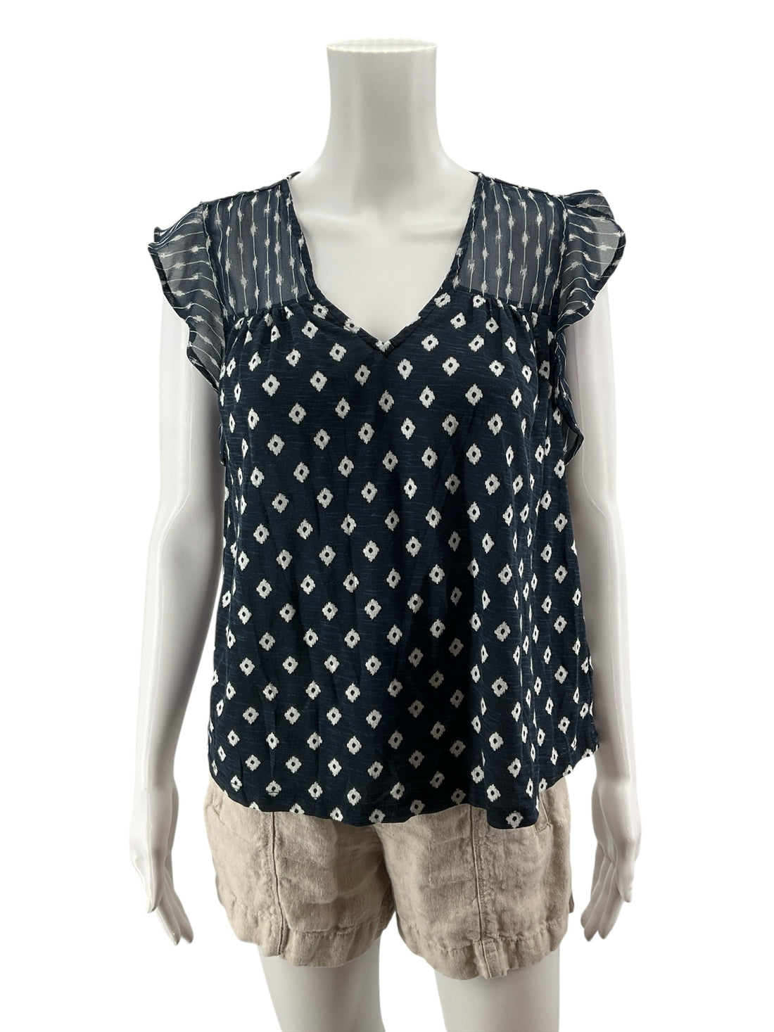 Lucky Brand Navy Ikat Diamond Print Mixed Media Top Size Small