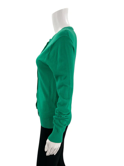 J Crew green solid pre-owned ladies top in size medium displayed on a hanger with a neutral background.