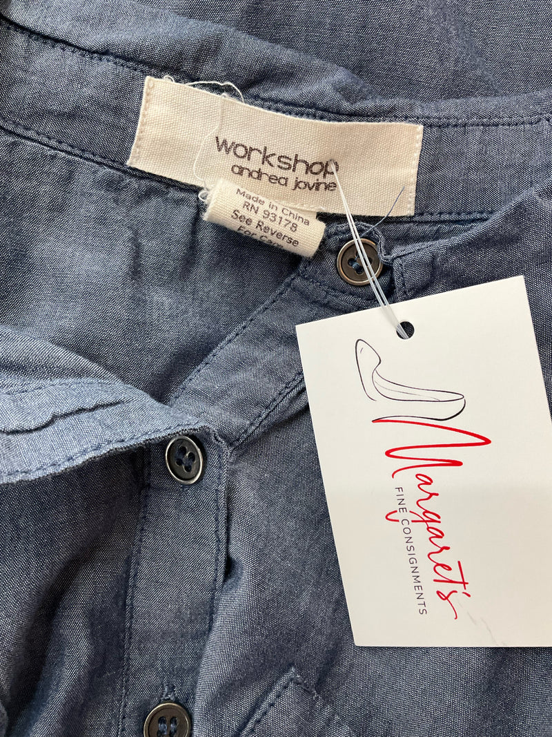 Brand tag of Workshop Blue Solid Pre-Owned Ladies Top - Size Small by Andrea Jovine. Includes RN 93178 and Margaret’s Fine Consignments tag.