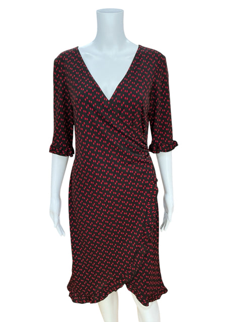 Connected Apparel Faux Wrap Dress Black Red Dot Ruffle Trim Size 10
