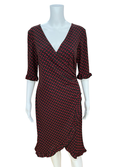 Connected Apparel Faux Wrap Dress Black Red Dot Ruffle Trim Size 10
