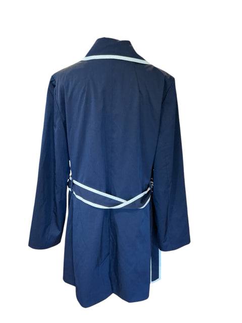 Back view of Banana Republic Navy Solid Jacket Size XL showing white trim and adjustable belt detail for a flattering silhouette.