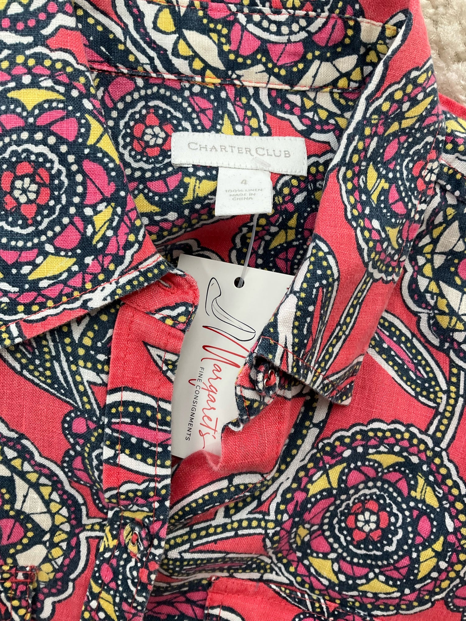 Charter Club Coral/Multi Print Pre-Owned Ladies Top - Size 4