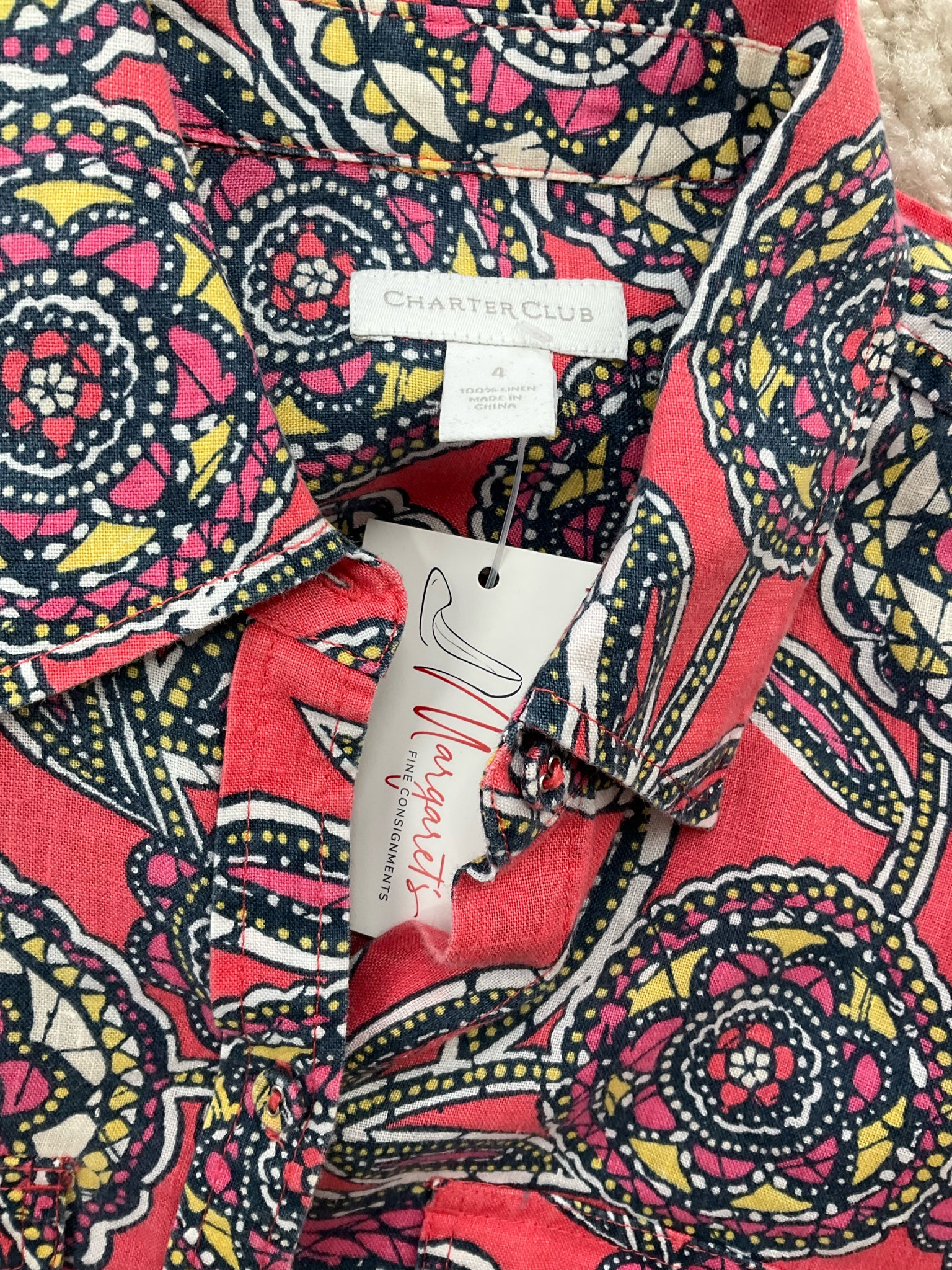 Charter Club Coral/Multi Print Pre-Owned Ladies Top - Size 4