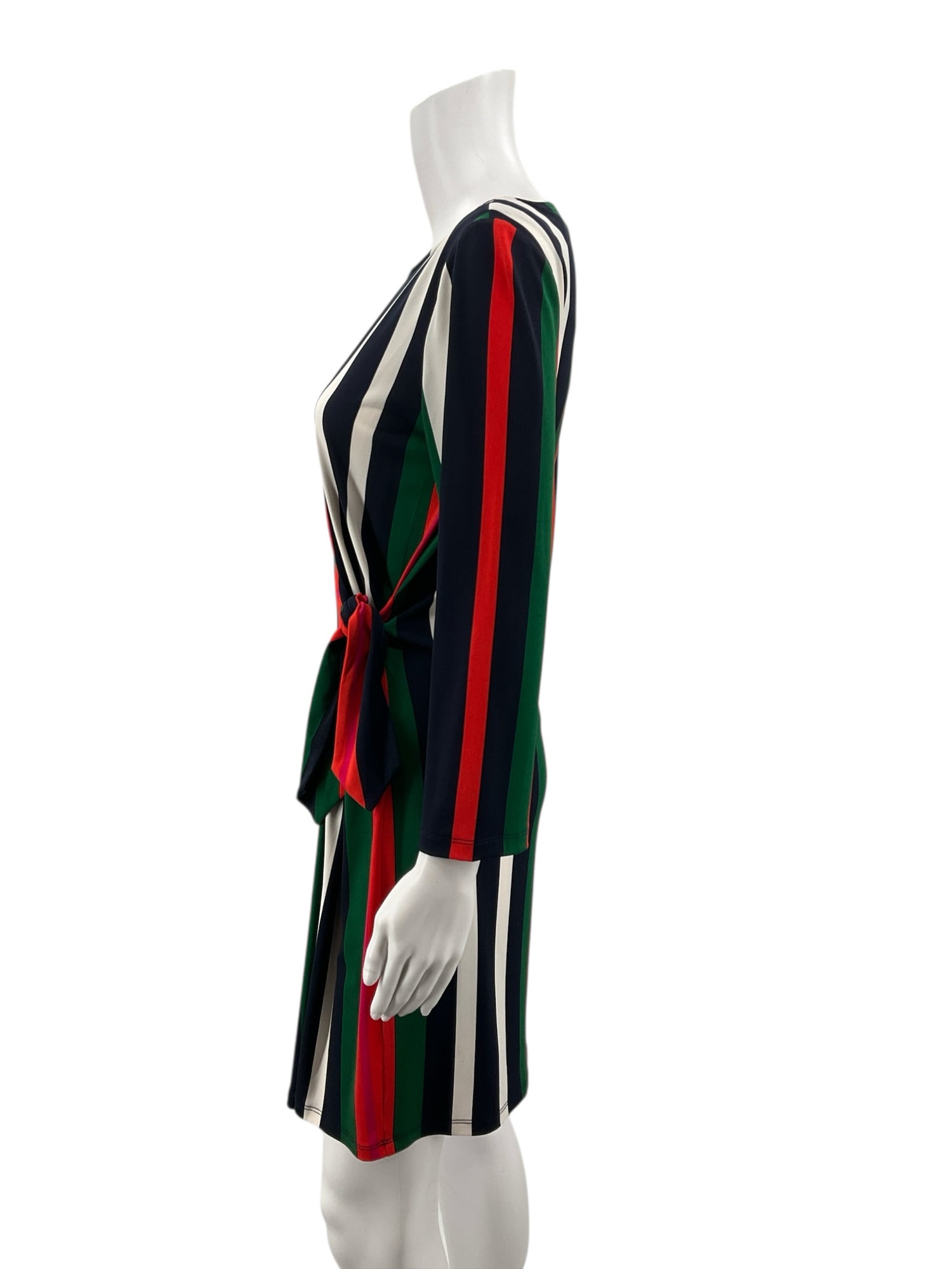 London Times orange/navy/green/white Long Sleeve Vertical Stripe Tie-Waist Dress Size 4 - Size 4