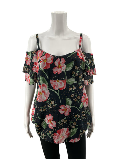 cabi Navy/red Cold Shoulder Ruffle Top Floral Cold Shoulder Blouse Size S Style 5220 - Size S