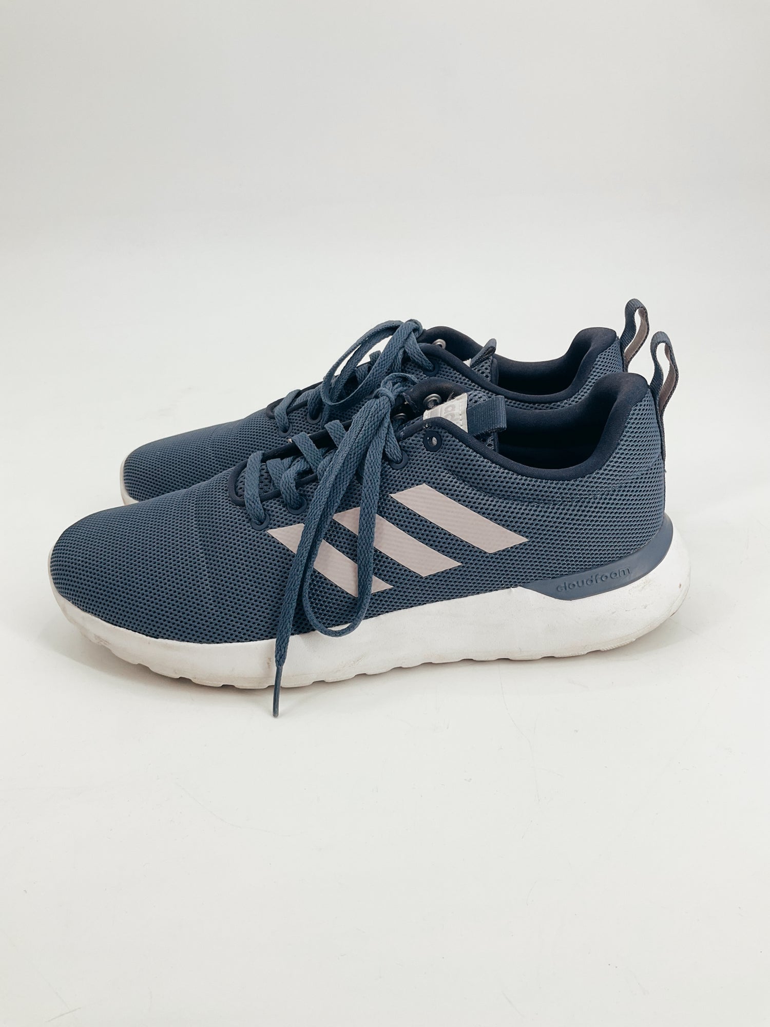 Adidas Blue Logo Pre-Owned Ladies Sneakers - Size 9.5 with white soles and mesh upper, side view showing iconic three-stripe branding.